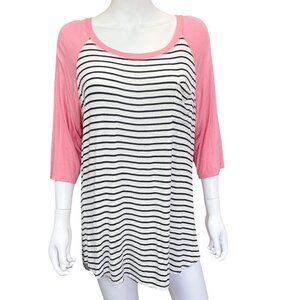 Moa Moa Black & White Striped Pink Raglan Sleeve Top 3/4 Sleeve Womens Size 1X